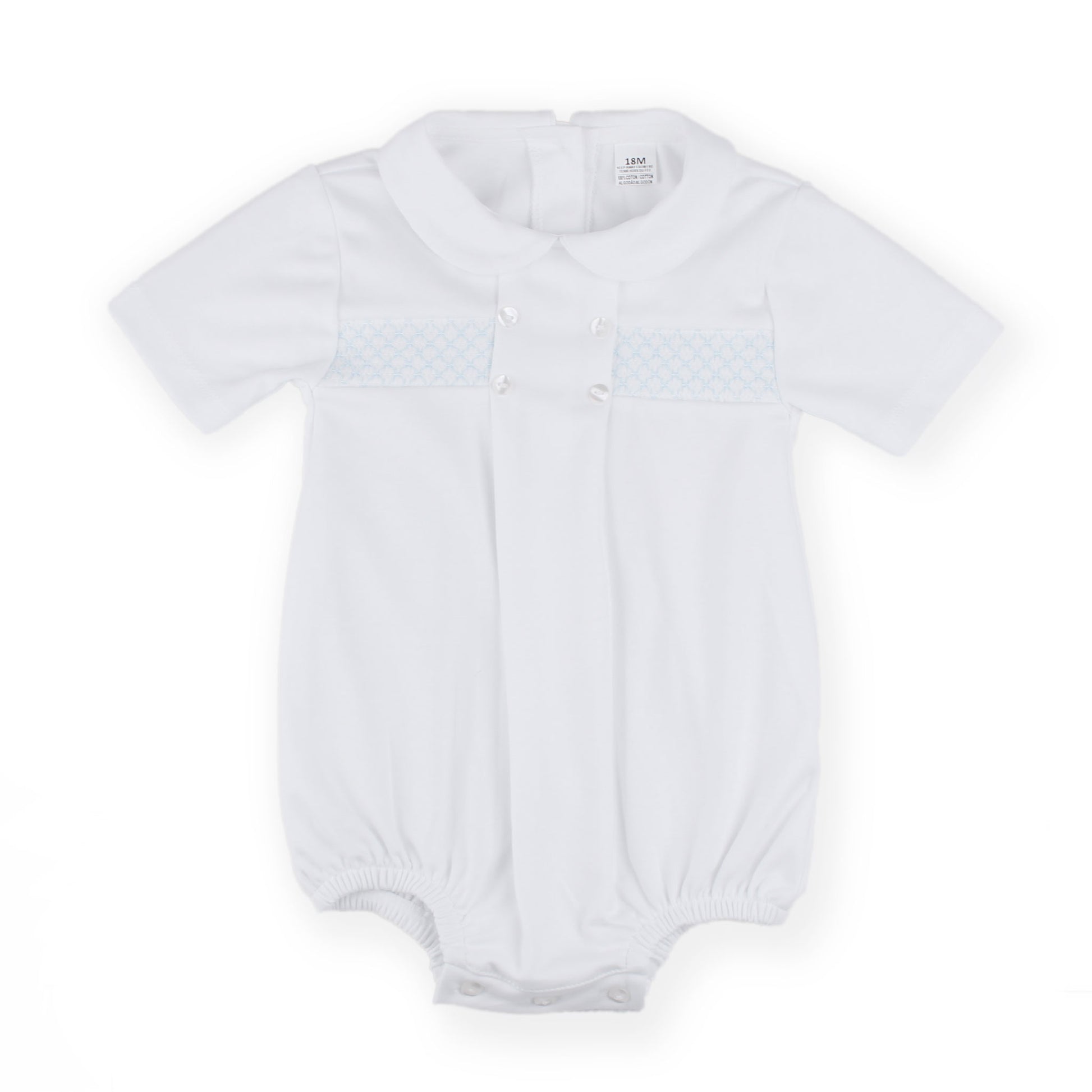 White baby romper with blue smocking on a white background
