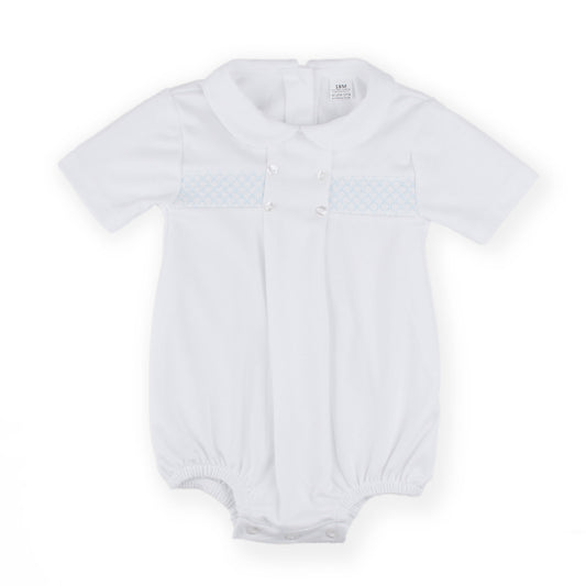 White baby romper with blue smocking on a white background