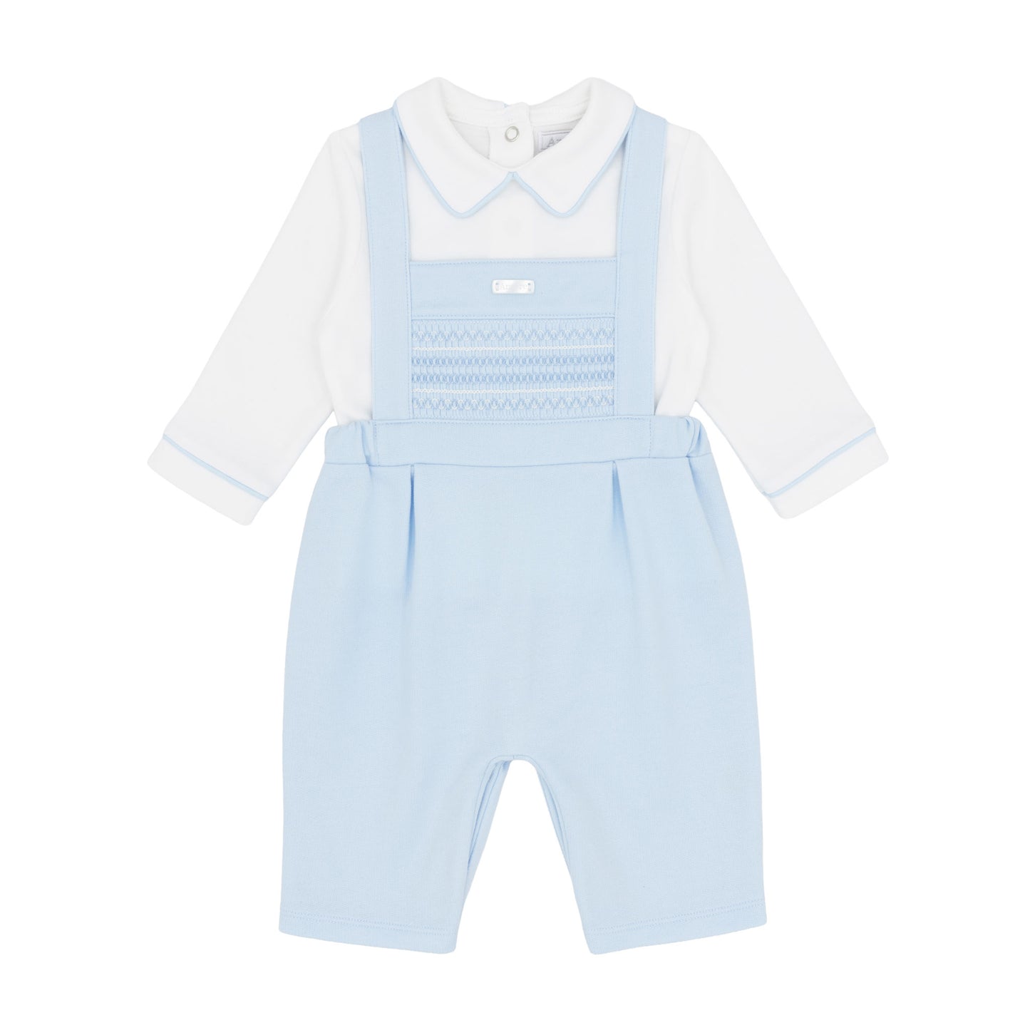 Amore baby boys baby blue smocked dungarees and white long sleeve top two-piece set