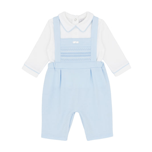 Amore baby boys baby blue smocked dungarees and white long sleeve top two-piece set
