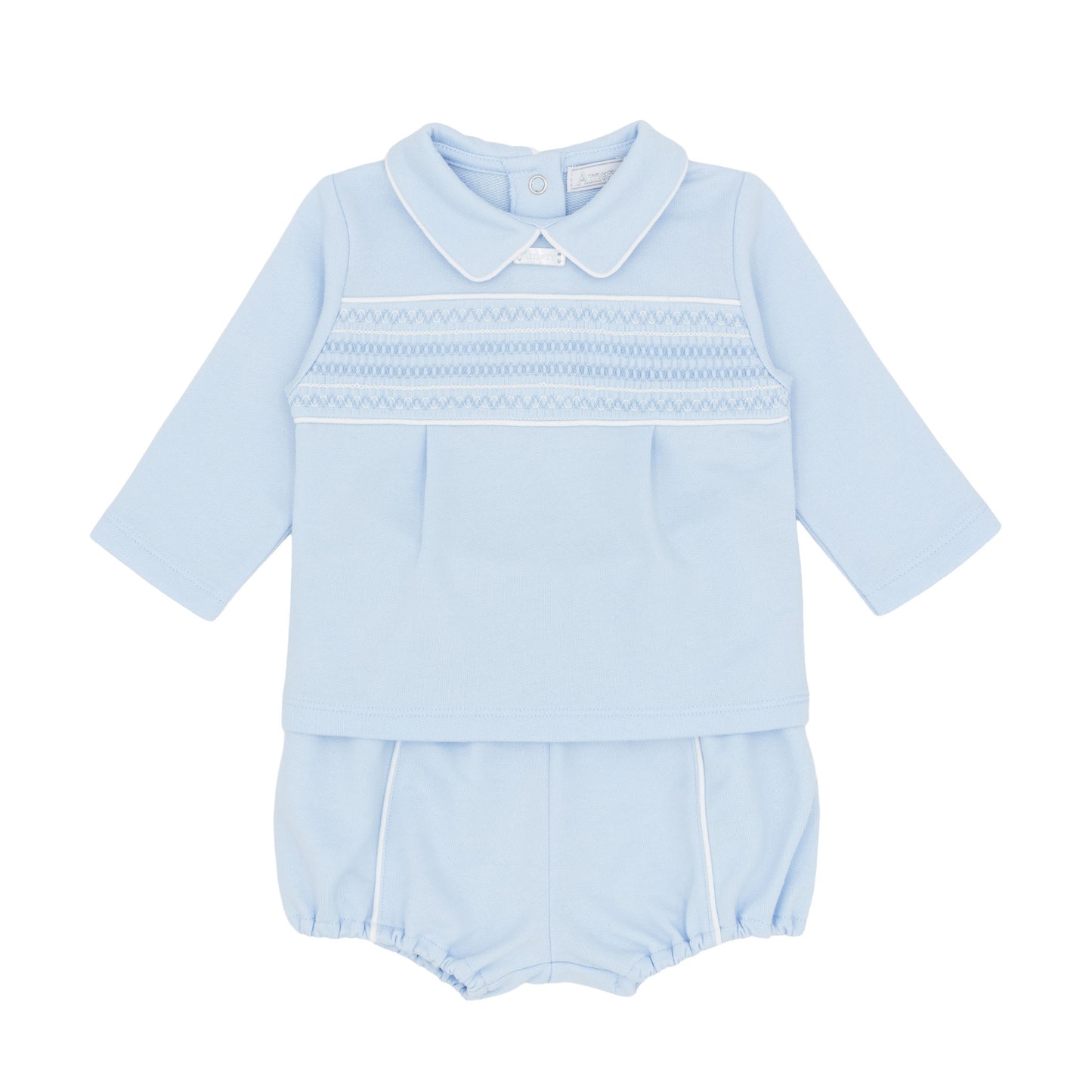 Amore baby boys blue smocked long sleeve top and matching jam pants two-piece outfit