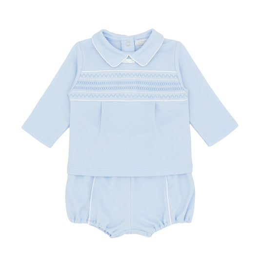 Amore baby boys blue smocked long sleeve top and matching jam pants two-piece outfit