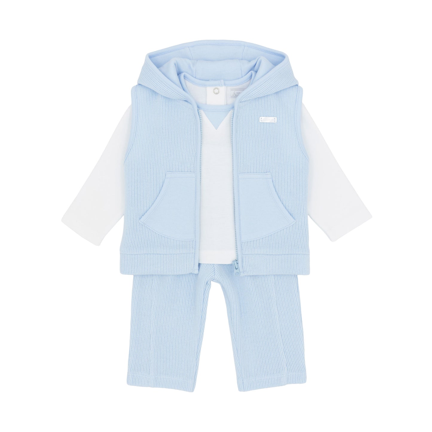 Amore baby boys blue three-piece outfit with white top hooded knitted gilet and matching trousers