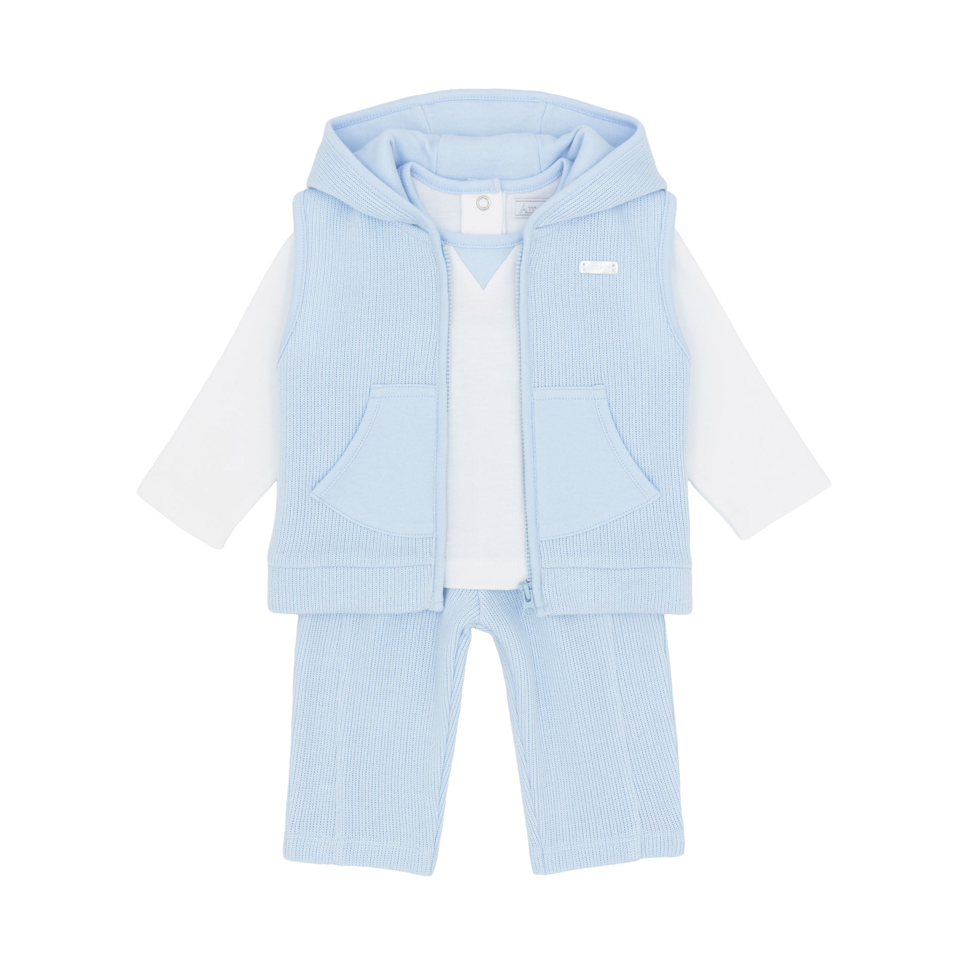 Amore baby boys blue three-piece outfit with white top hooded knitted gilet and matching trousers