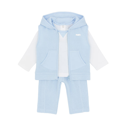 Amore baby boys blue three-piece outfit with white top hooded knitted gilet and matching trousers