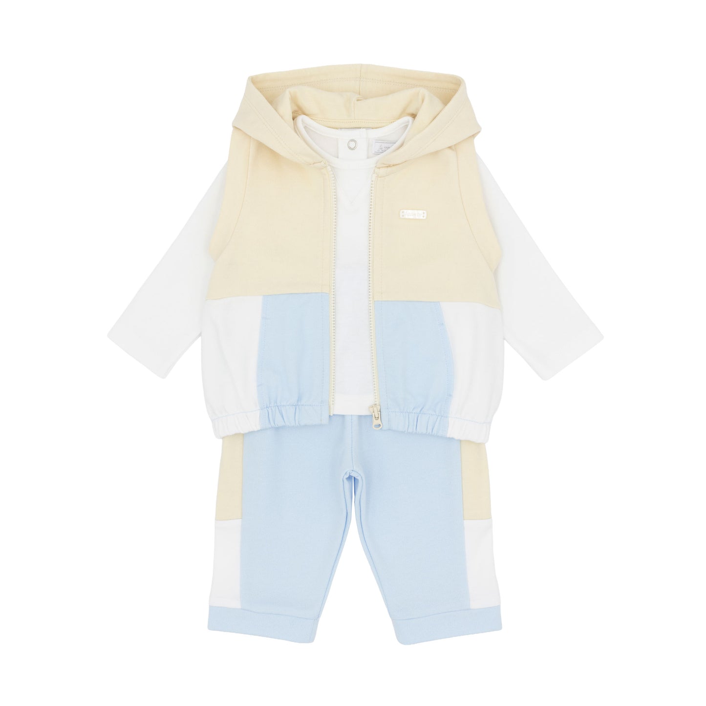 Amore baby boys blue beige and white three-piece outfit with hooded gilet top and trousers