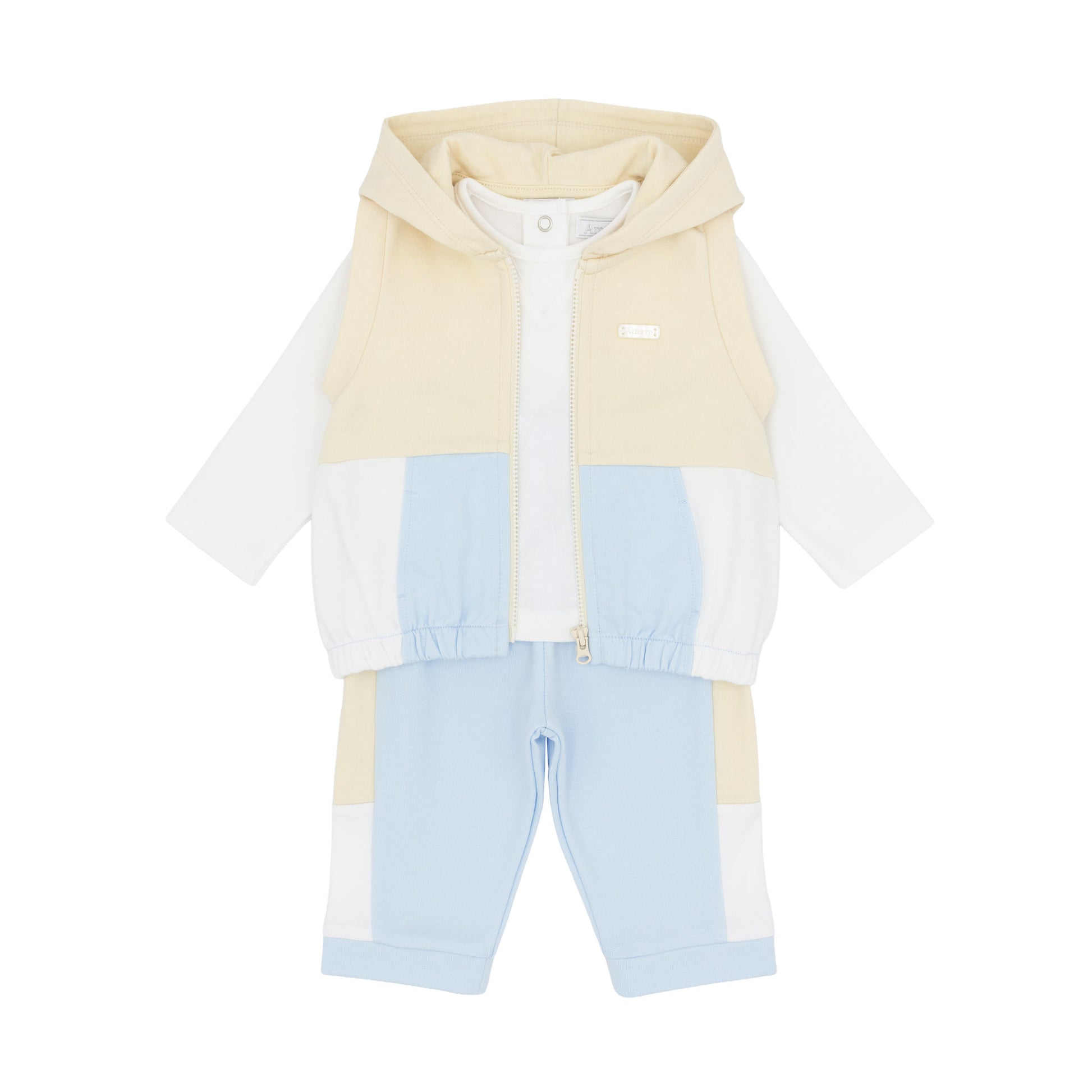 Amore baby boys blue beige and white three-piece outfit with hooded gilet top and trousers