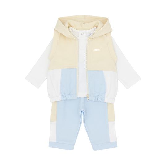 Amore baby boys blue beige and white three-piece outfit with hooded gilet top and trousers