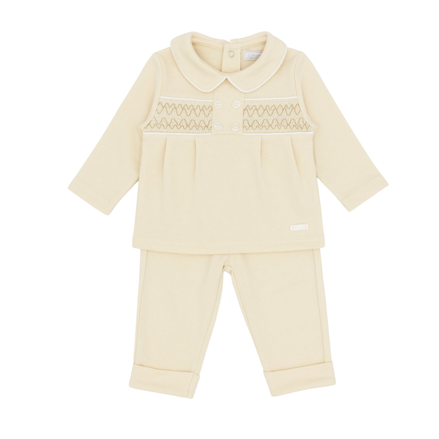 Amore baby boys beige smocked two-piece outfit with long-sleeved top and matching trousers