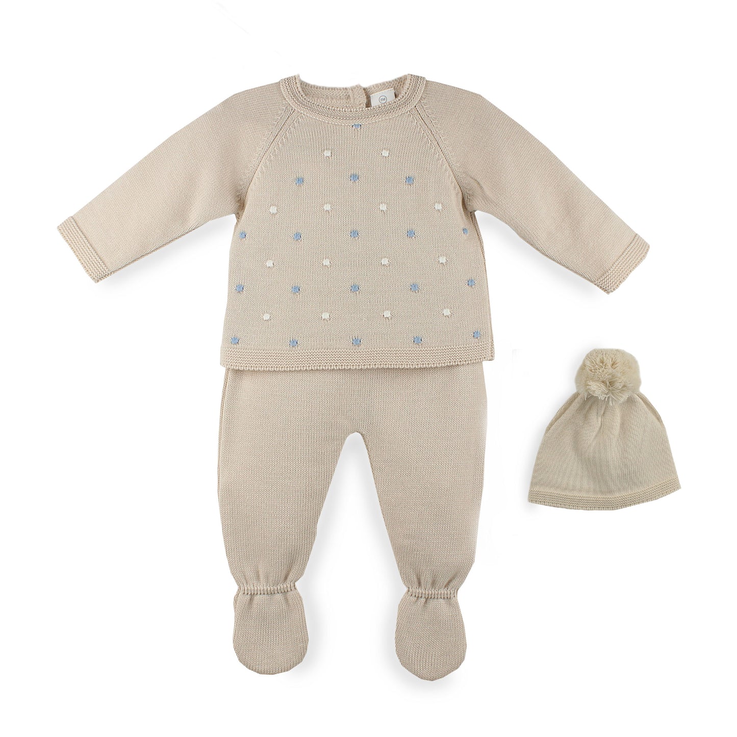Baby outfit set with beige long-sleeve shirt and footed pants, accompanied by a matching hat on a white background.
