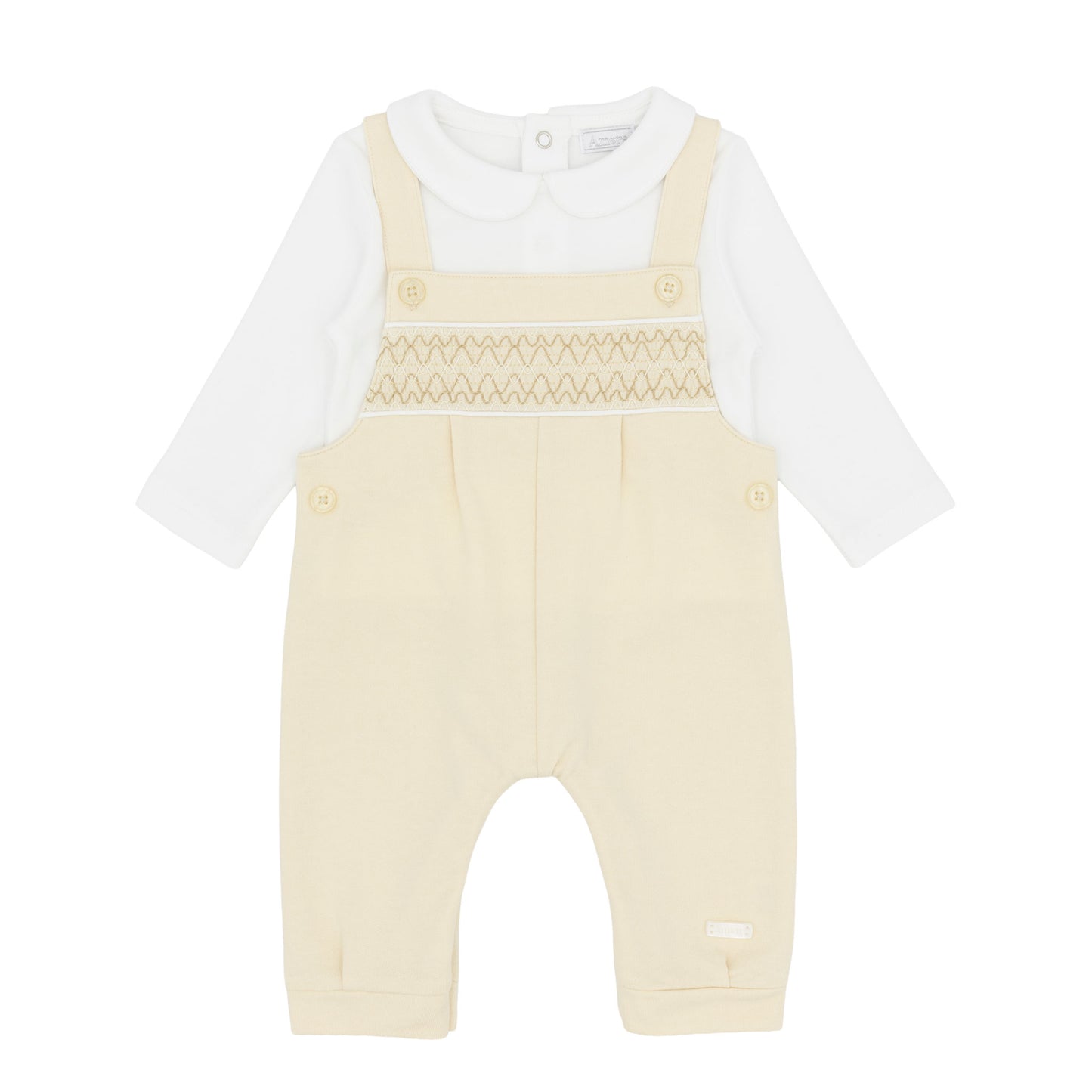 Amore baby boys beige smocked dungarees outfit with white long-sleeved collared top