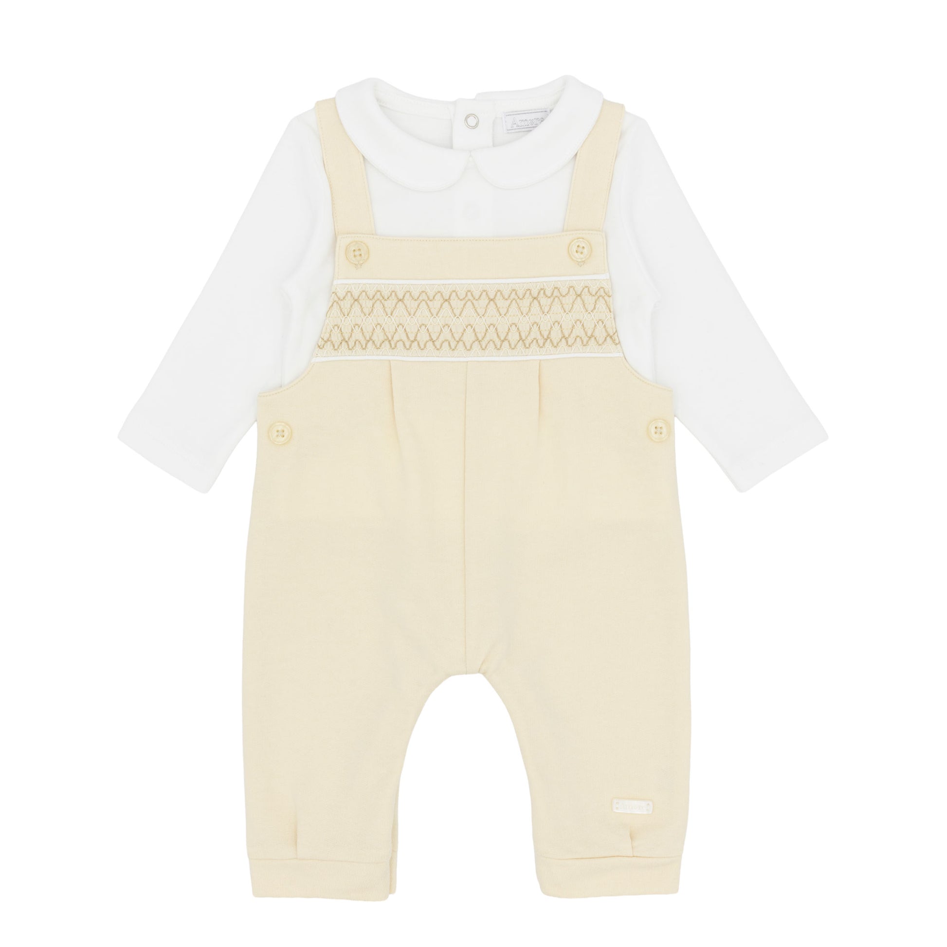 Amore baby boys beige smocked dungarees outfit with white long-sleeved collared top