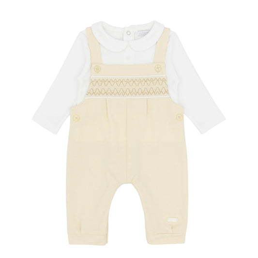 Amore baby boys beige smocked dungarees outfit with white long-sleeved collared top