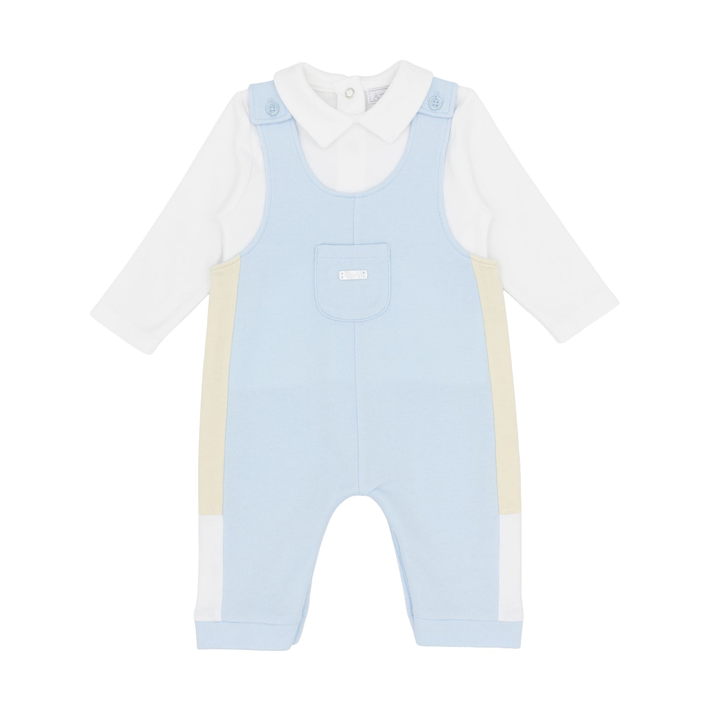 Amore baby boys blue dungaree and white long-sleeved top two-piece outfit with beige side panels