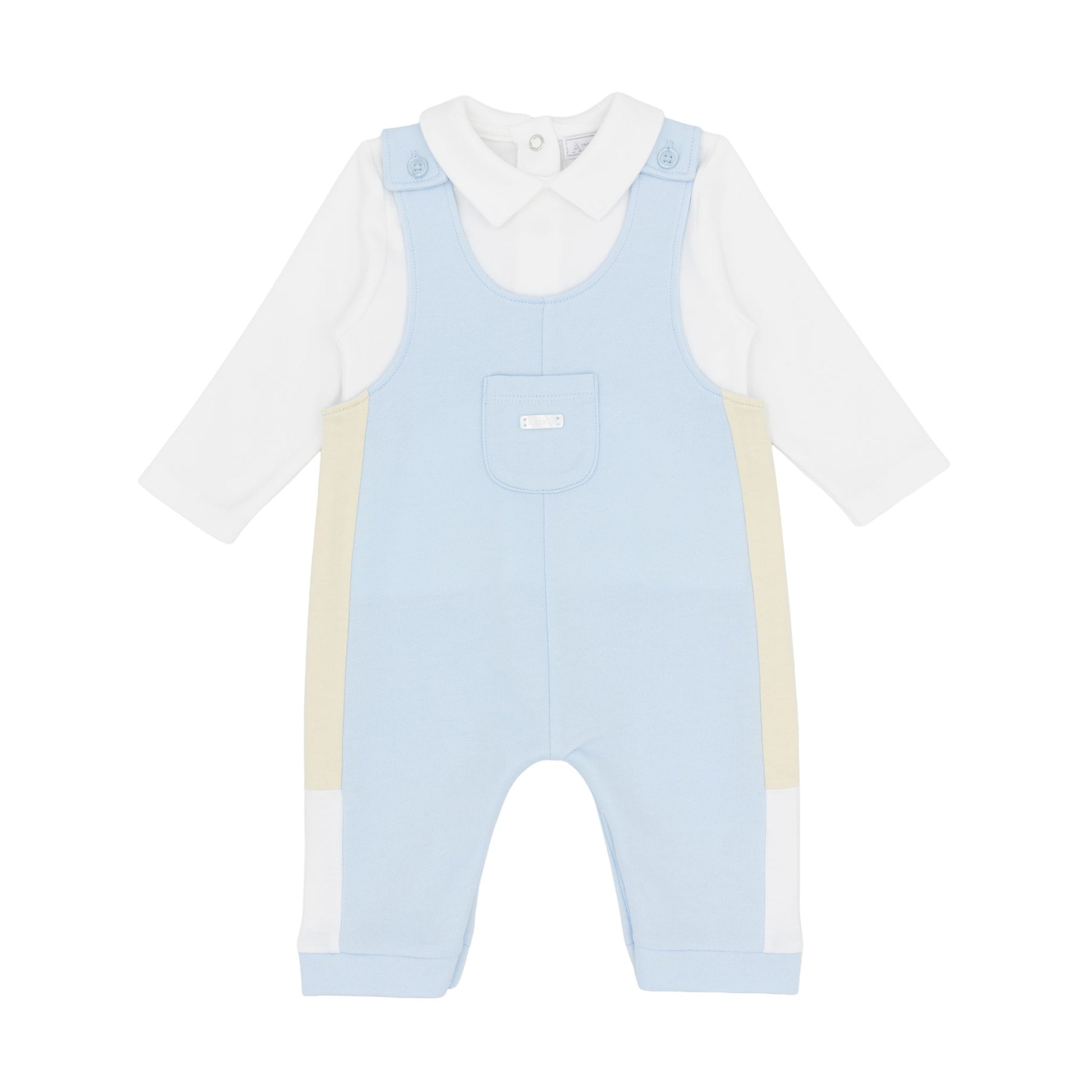 Amore baby boys blue dungaree and white long-sleeved top two-piece outfit with beige side panels