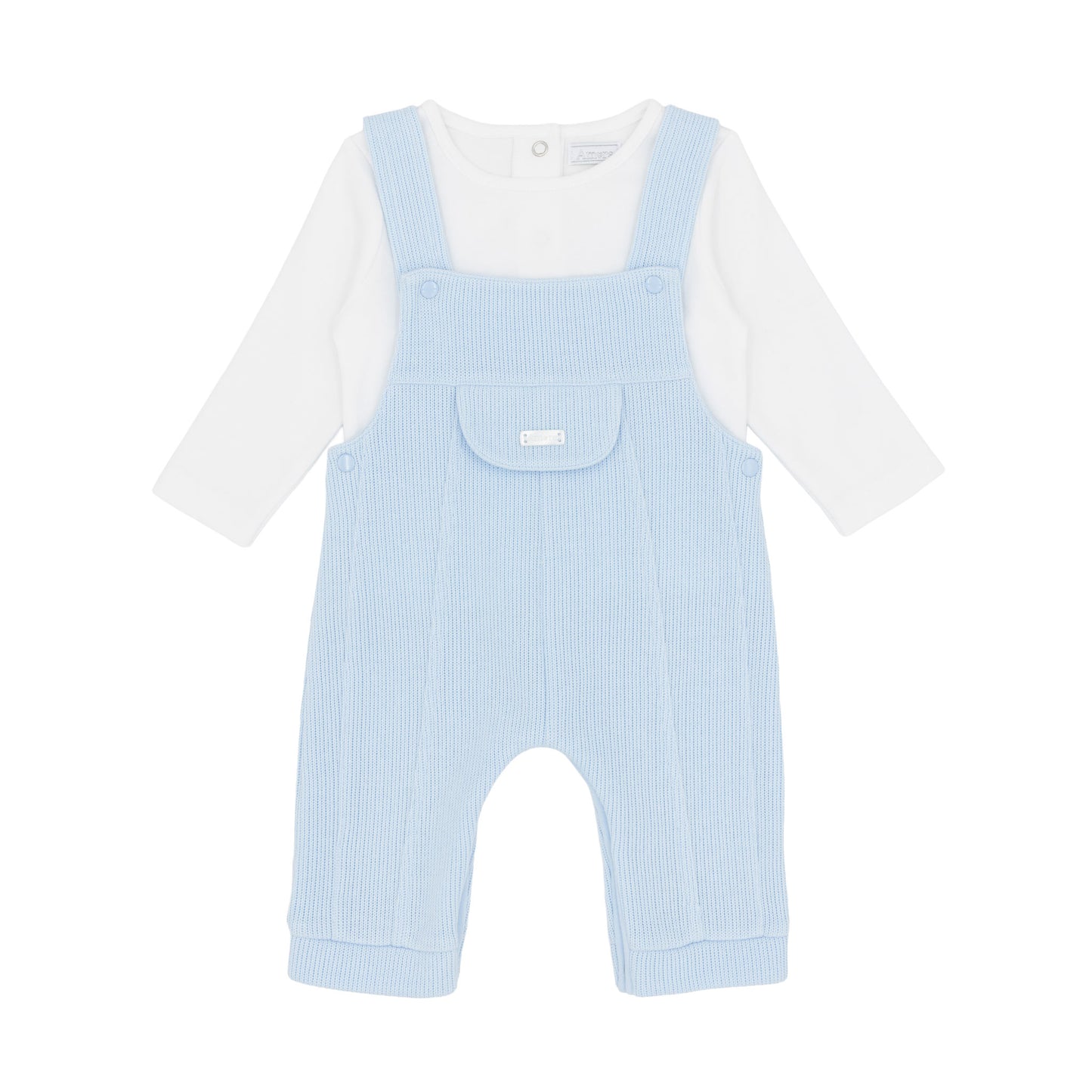 Amore baby boys blue knitted dungaree outfit with white long-sleeved top and front pocket