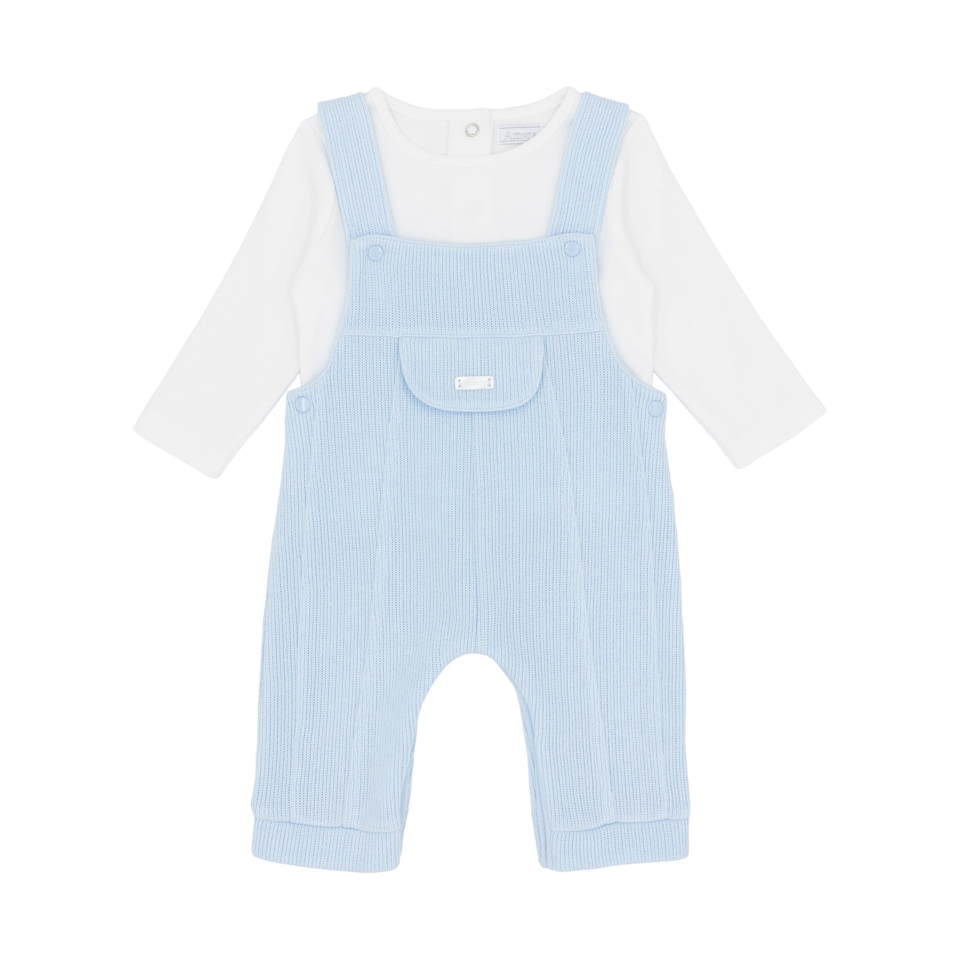 Amore baby boys blue knitted dungaree outfit with white long-sleeved top and front pocket