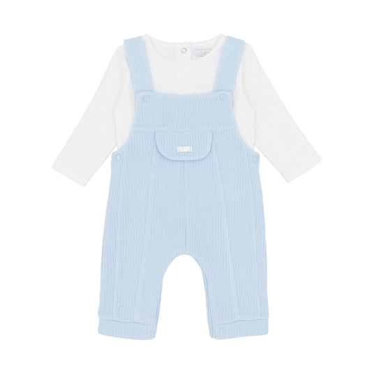 Amore baby boys blue knitted dungaree outfit with white long-sleeved top and front pocket