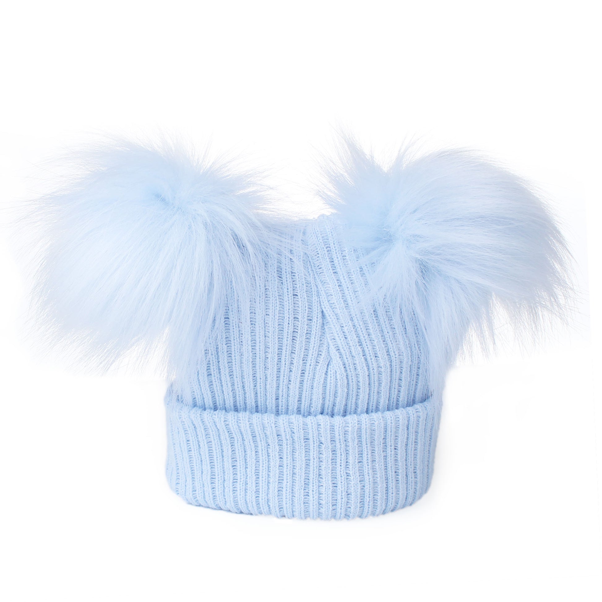 Light blue knit beanie with two large fur pom-poms on a white background