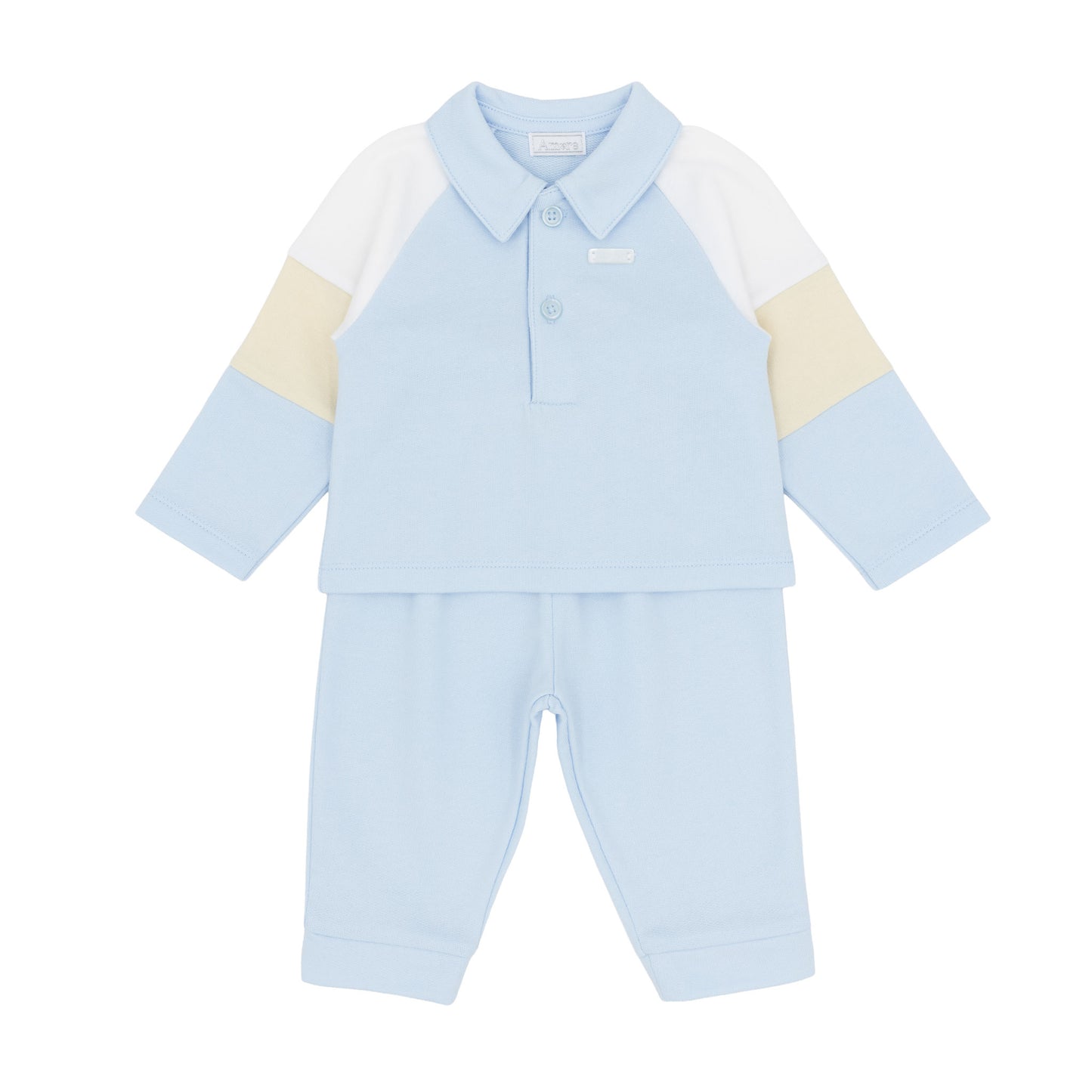 Amore baby boys blue polo top and trousers two-piece outfit with white and beige colour-block sleeves