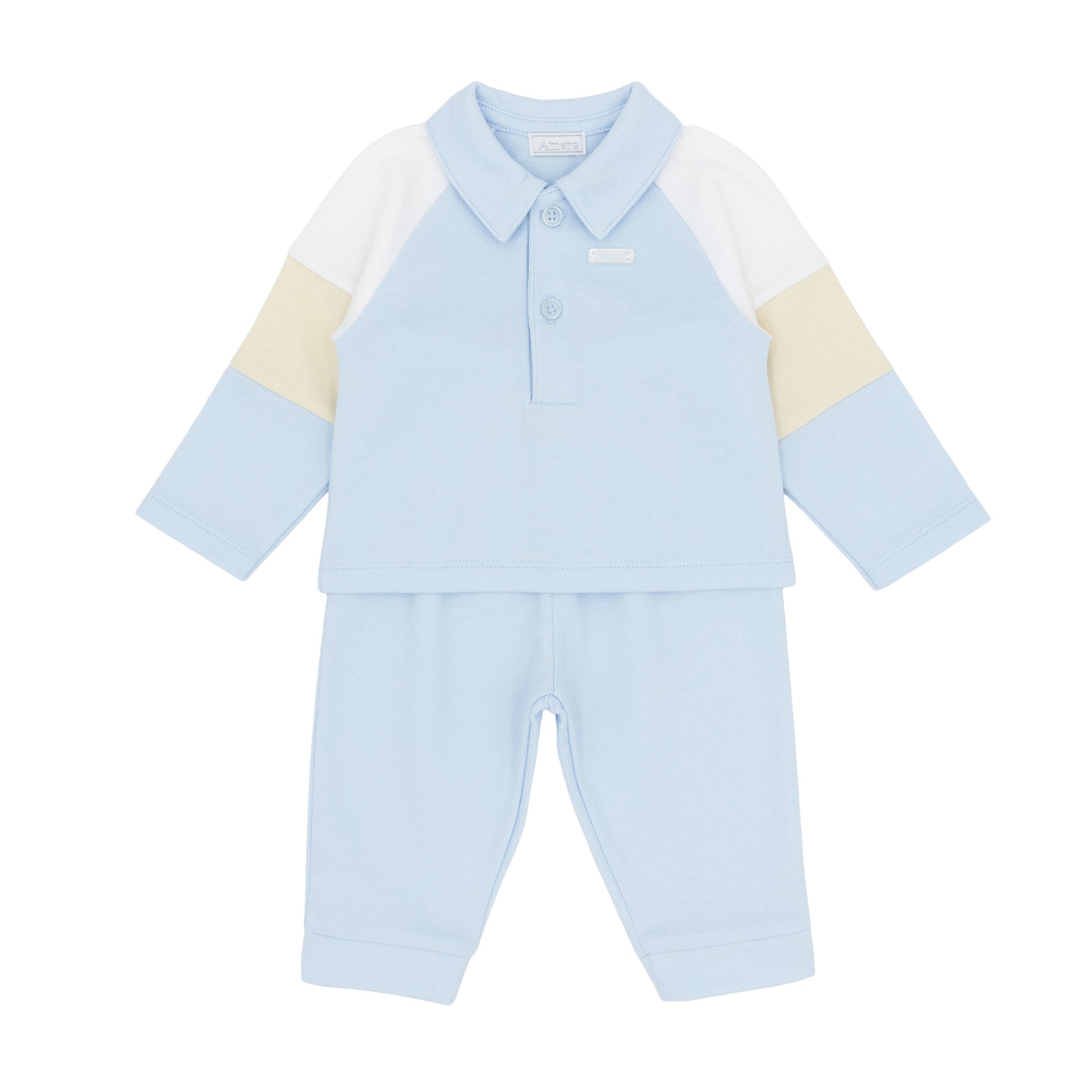 Amore baby boys blue polo top and trousers two-piece outfit with white and beige colour-block sleeves