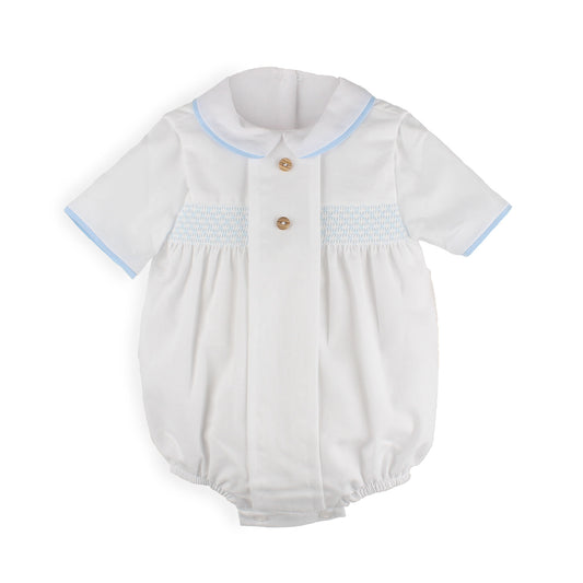 Baby Boys Smocked Romper -White/Blue
