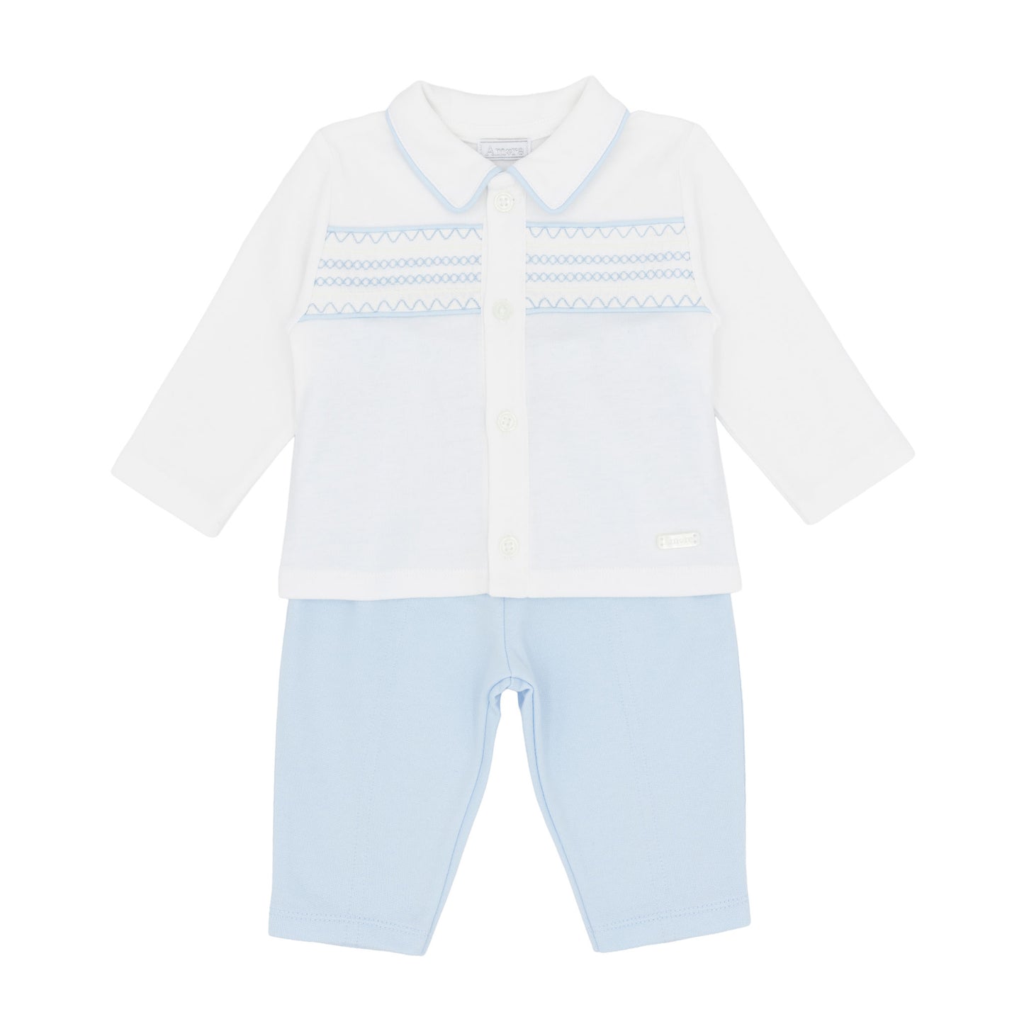Amore baby boys white and baby blue smocked long sleeve top and trousers two-piece outfit