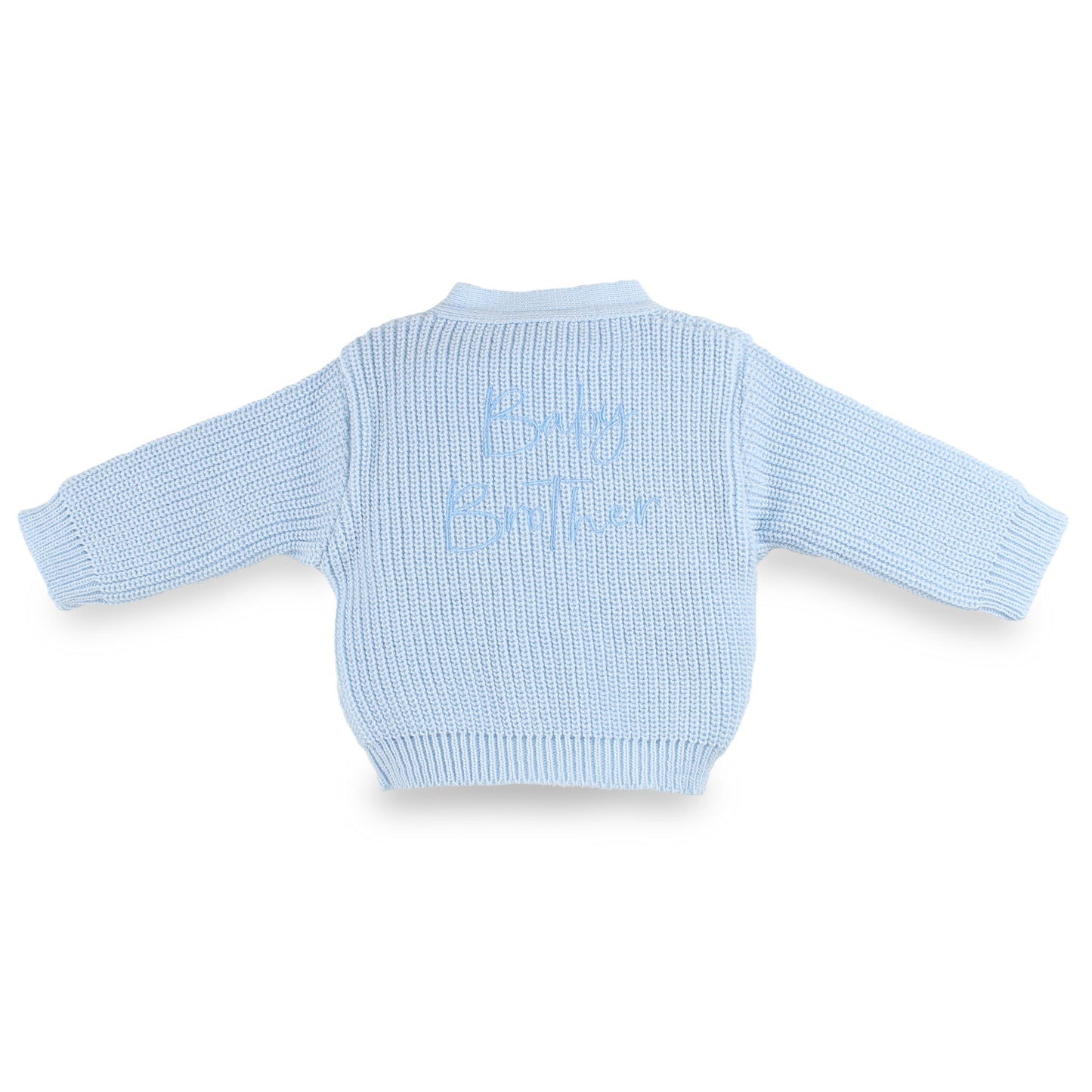 Blue Dandelion knitted baby cardigan with exclusive Baby Brother embroidery, made in Portugal and embroidered at Lullaby Lane Baby Shop.