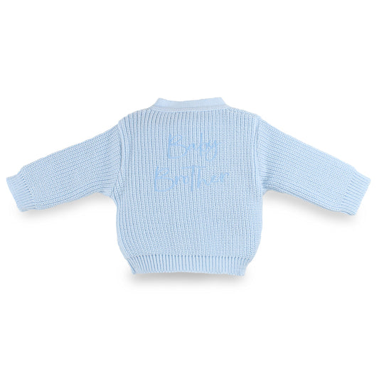 Blue Dandelion knitted baby cardigan with exclusive Baby Brother embroidery, made in Portugal and embroidered at Lullaby Lane Baby Shop.