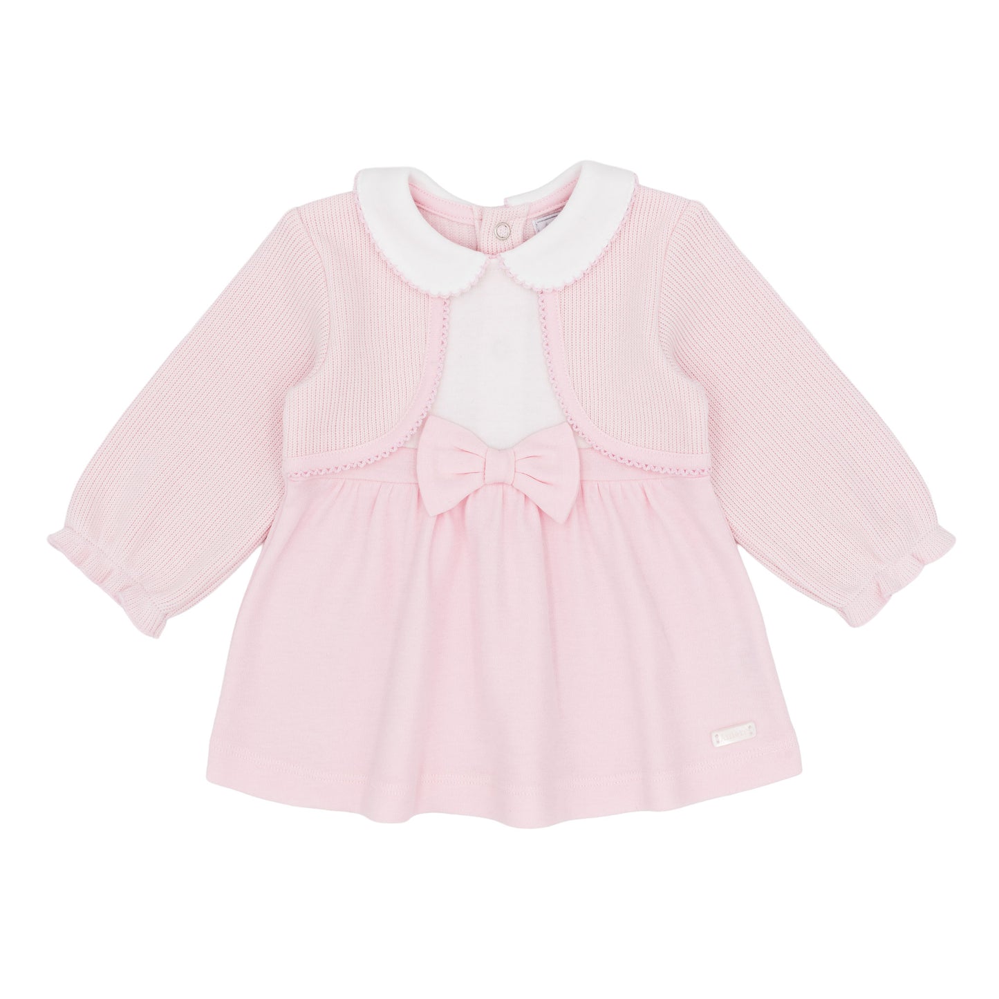 Amore baby girls pink dress with knitted bolero style top white collar and pink bow
