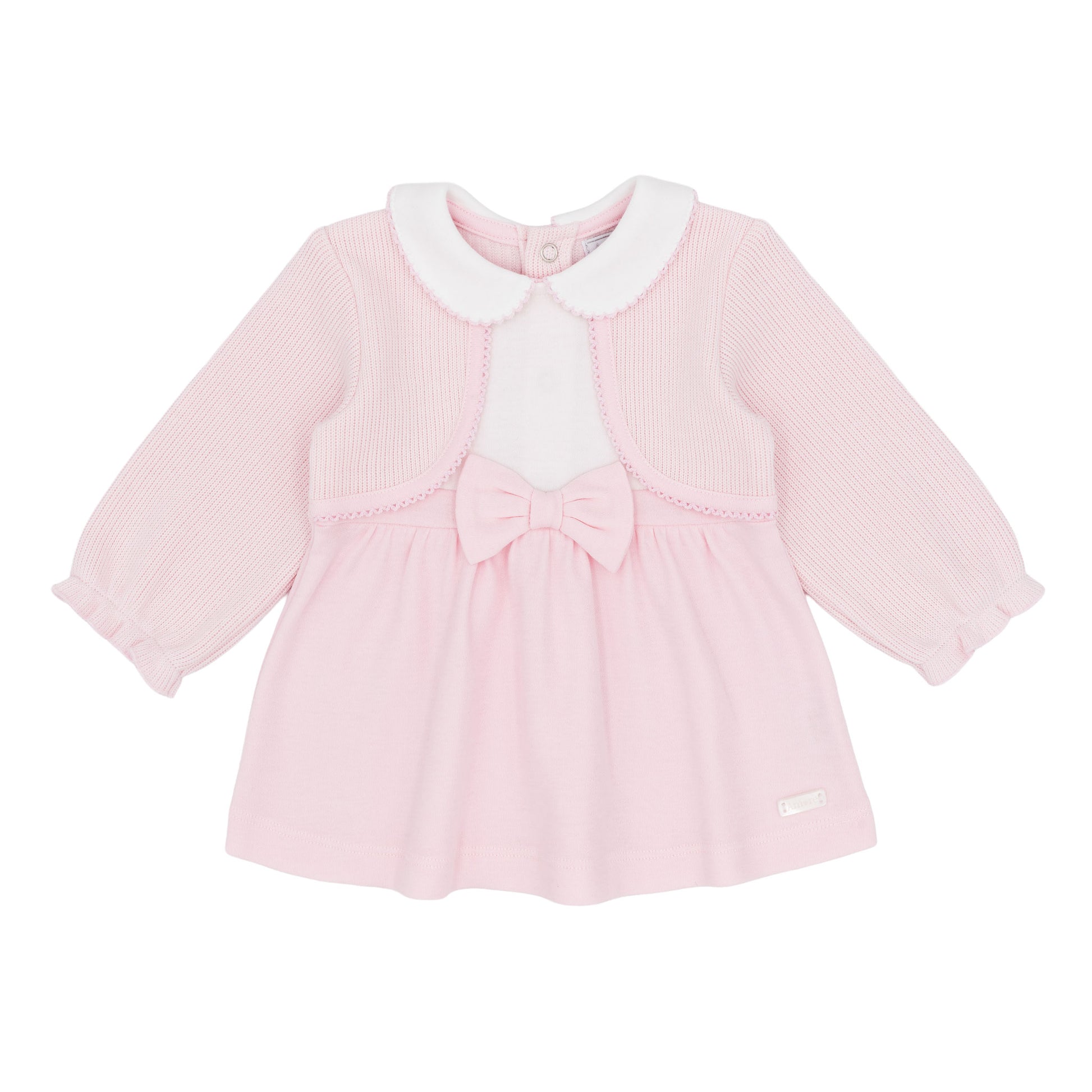 Amore baby girls pink dress with knitted bolero style top white collar and pink bow