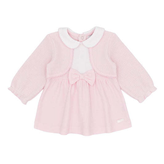 Amore baby girls pink dress with knitted bolero style top white collar and pink bow