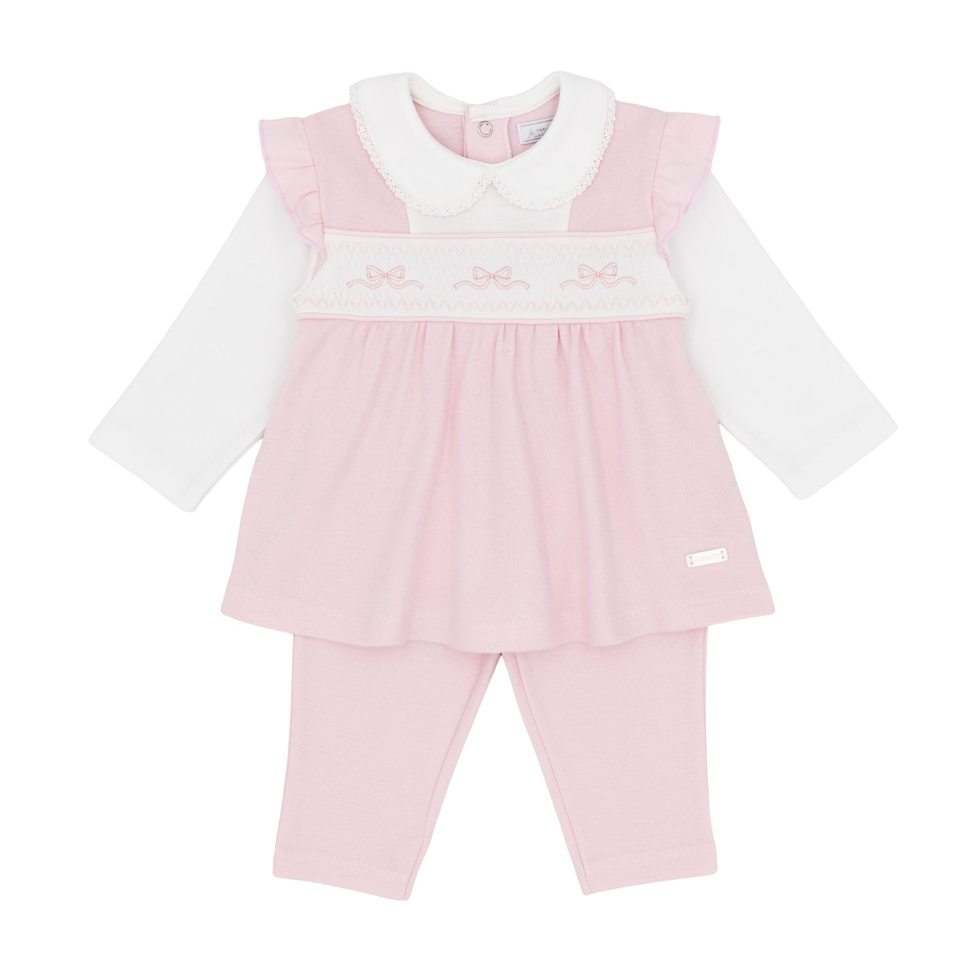 Amore baby girls pink and white smocked top with embroidered bows and matching pink leggings