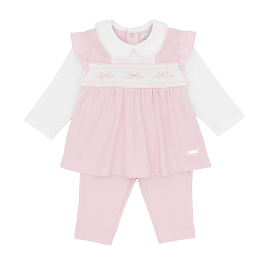 Amore baby girls pink and white smocked top with embroidered bows and matching pink leggings