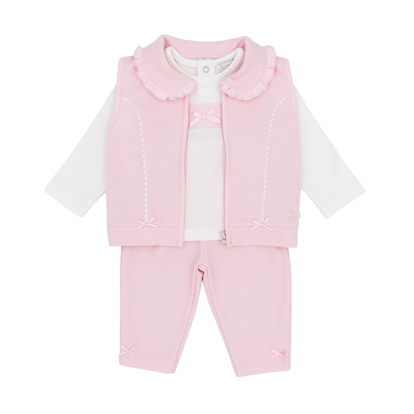 Amore baby girls pink three-piece outfit with frilled zip-up gilet white top and matching trousers