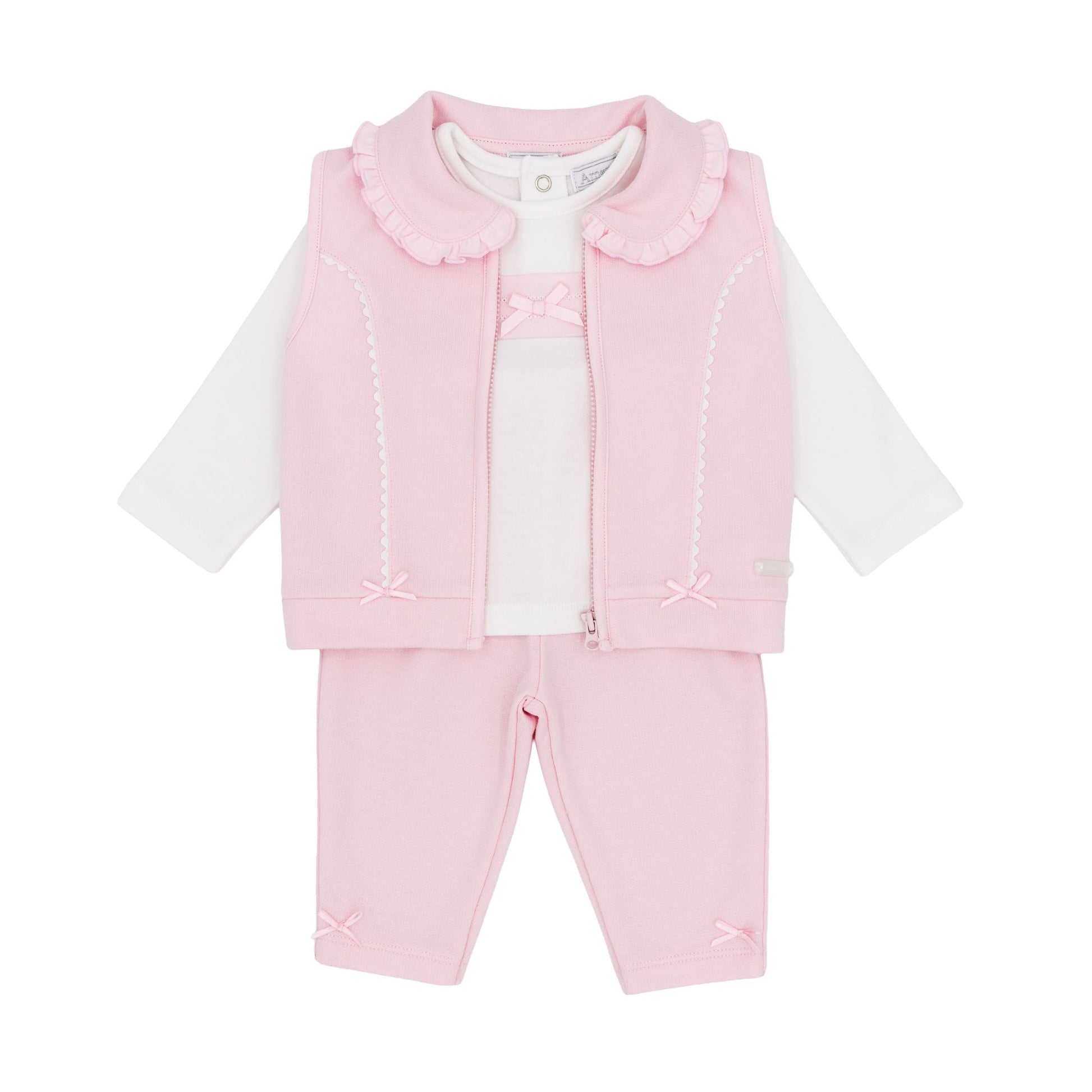 Amore baby girls pink three-piece outfit with frilled zip-up gilet white top and matching trousers