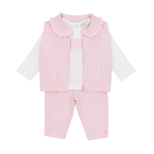 Amore baby girls pink three-piece outfit with frilled zip-up gilet white top and matching trousers