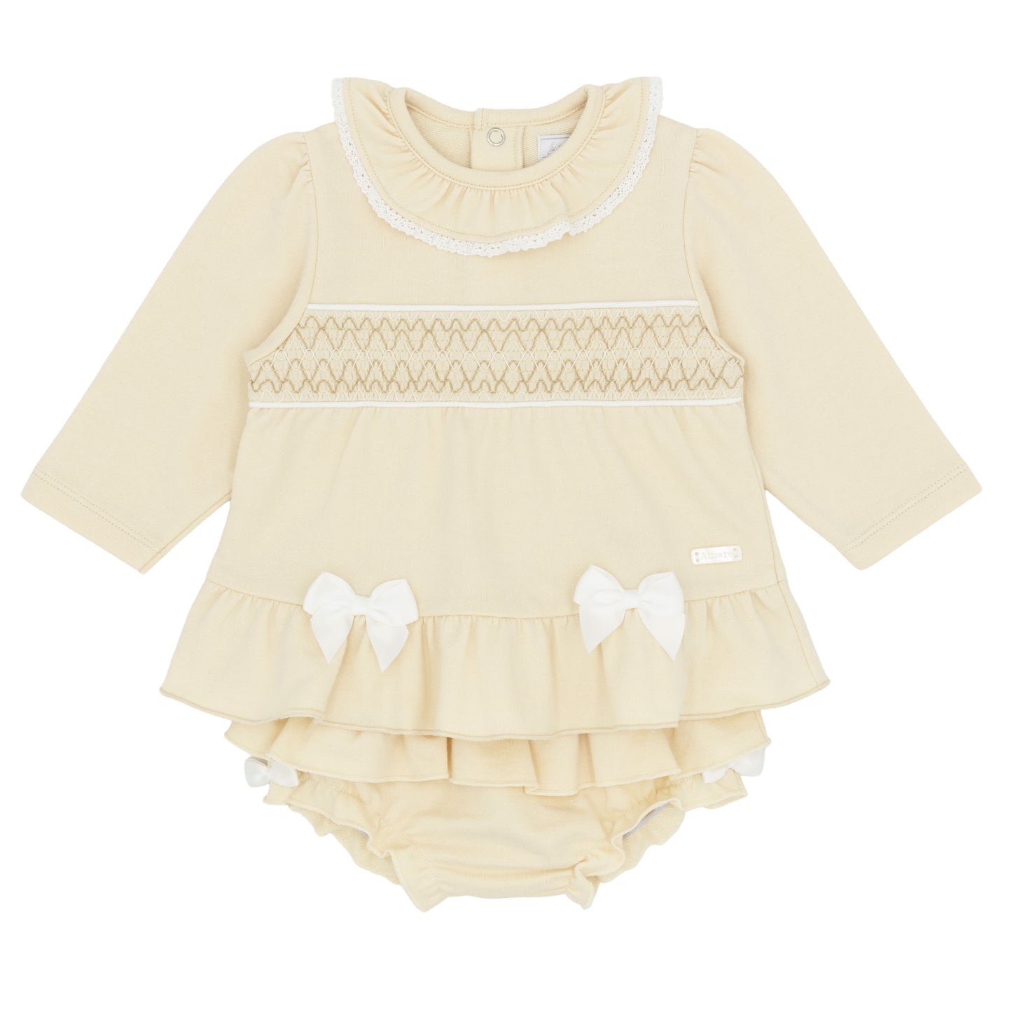 Amore baby girls beige smocked dress and knickers outfit with white bows and frilled collar