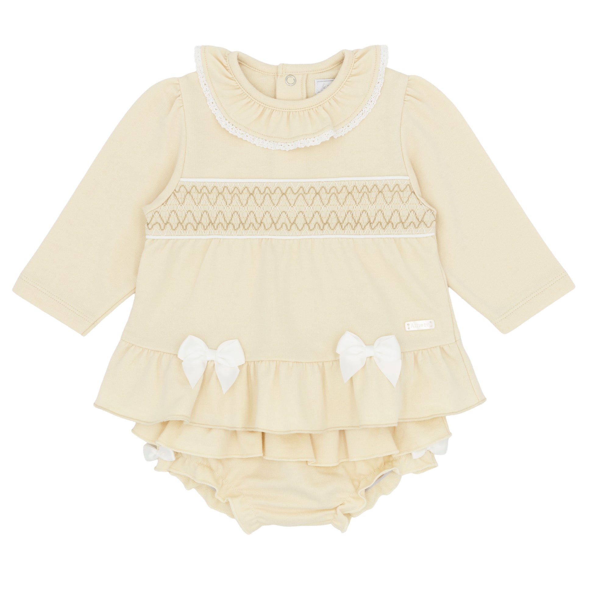 Amore baby girls beige smocked dress and knickers outfit with white bows and frilled collar