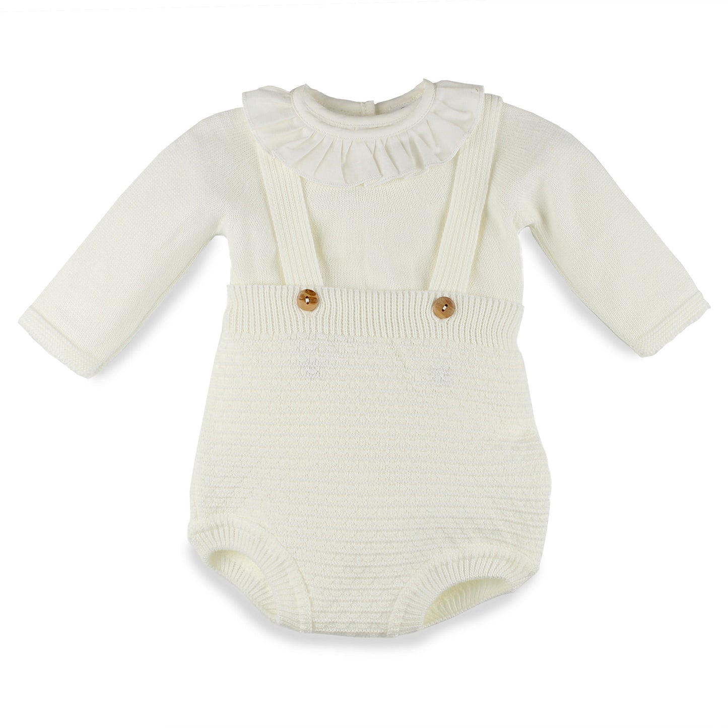 Baby girls cream knitted outfit with ruffle collar and dungarees