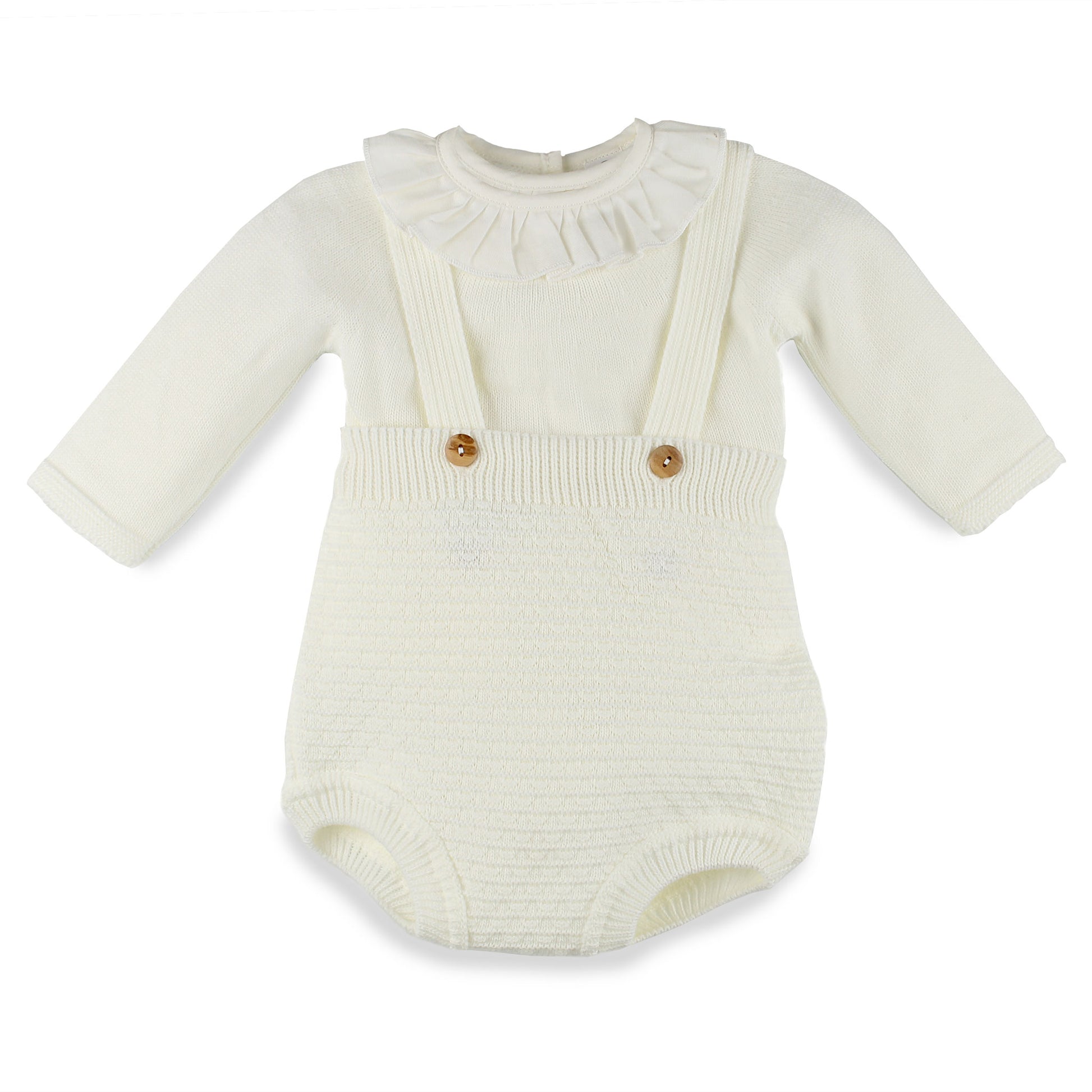 Baby girls cream knitted outfit with ruffle collar and dungarees