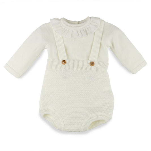 Baby girls cream knitted outfit with ruffle collar and dungarees