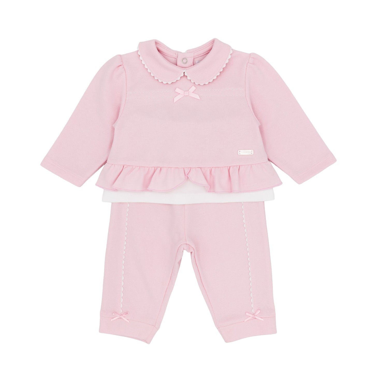 Amore baby girls pink two-piece outfit with frill hem top matching trousers and bow details