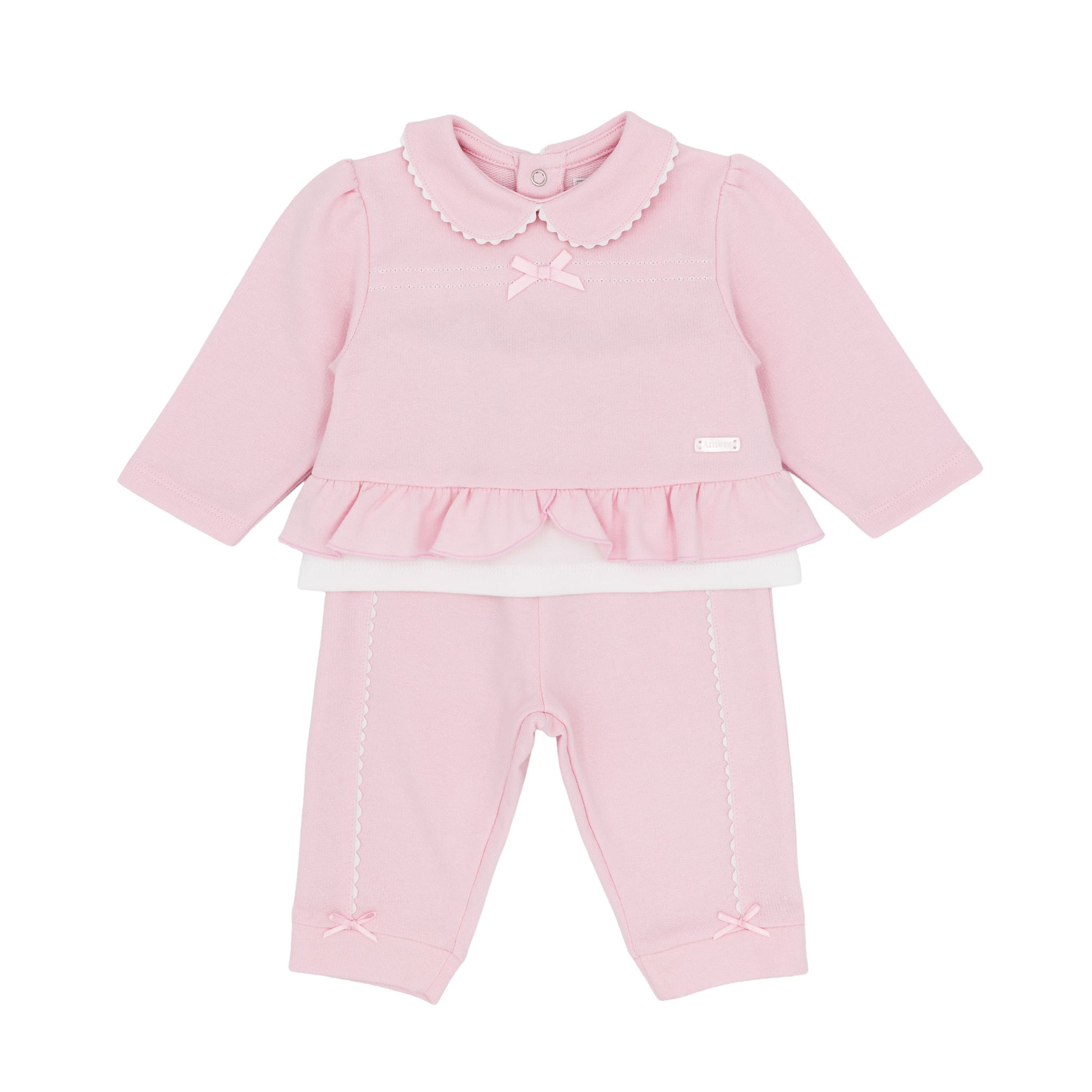 Amore baby girls pink two-piece outfit with frill hem top matching trousers and bow details