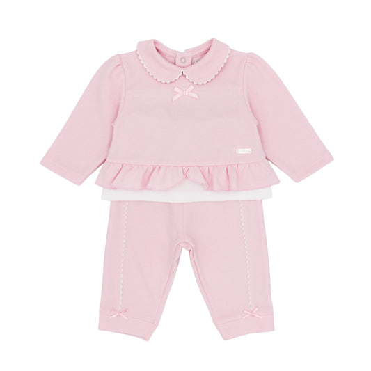 Amore baby girls pink two-piece outfit with frill hem top matching trousers and bow details