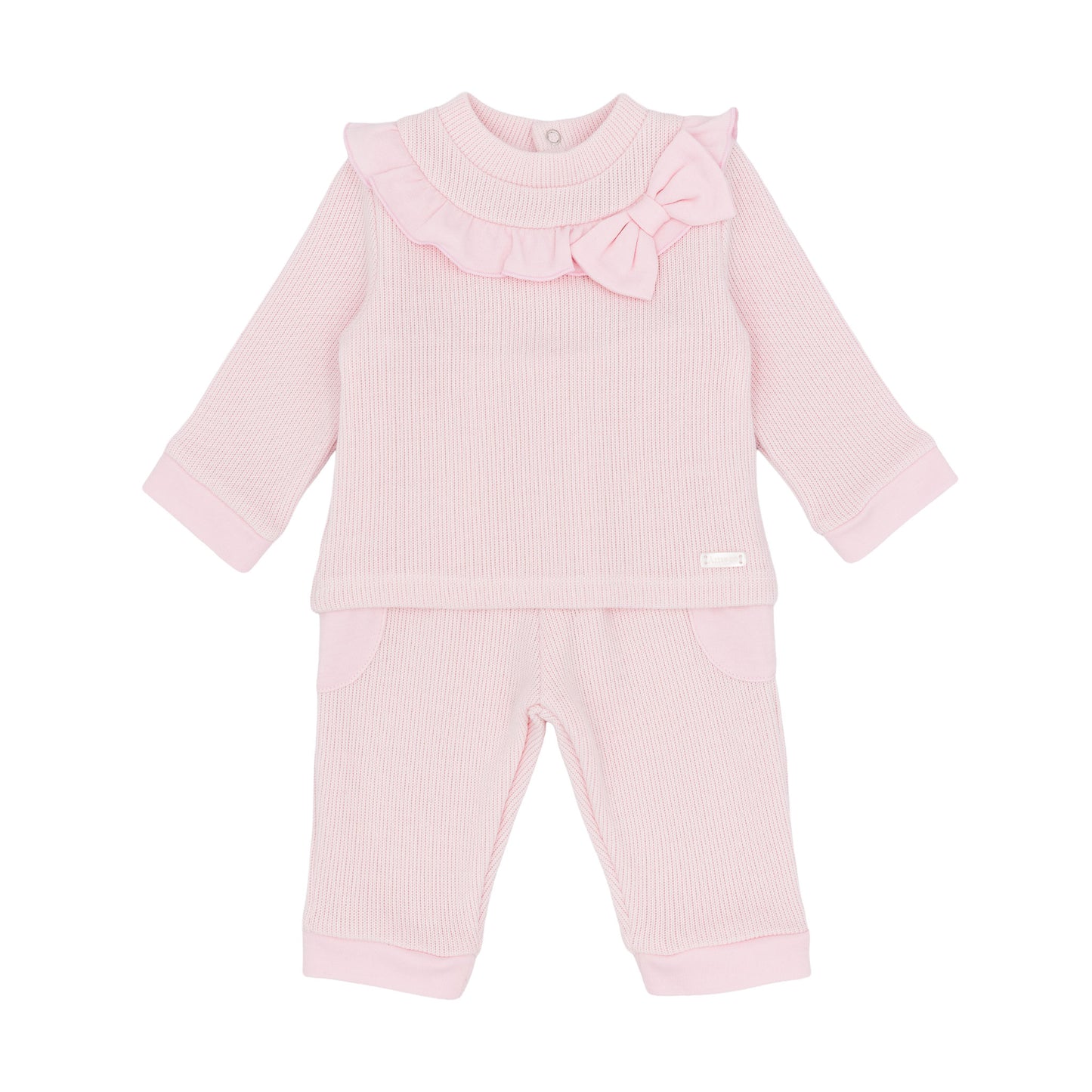 Amore baby girls pink knitted two-piece outfit with frilled neckline bow and matching trousers