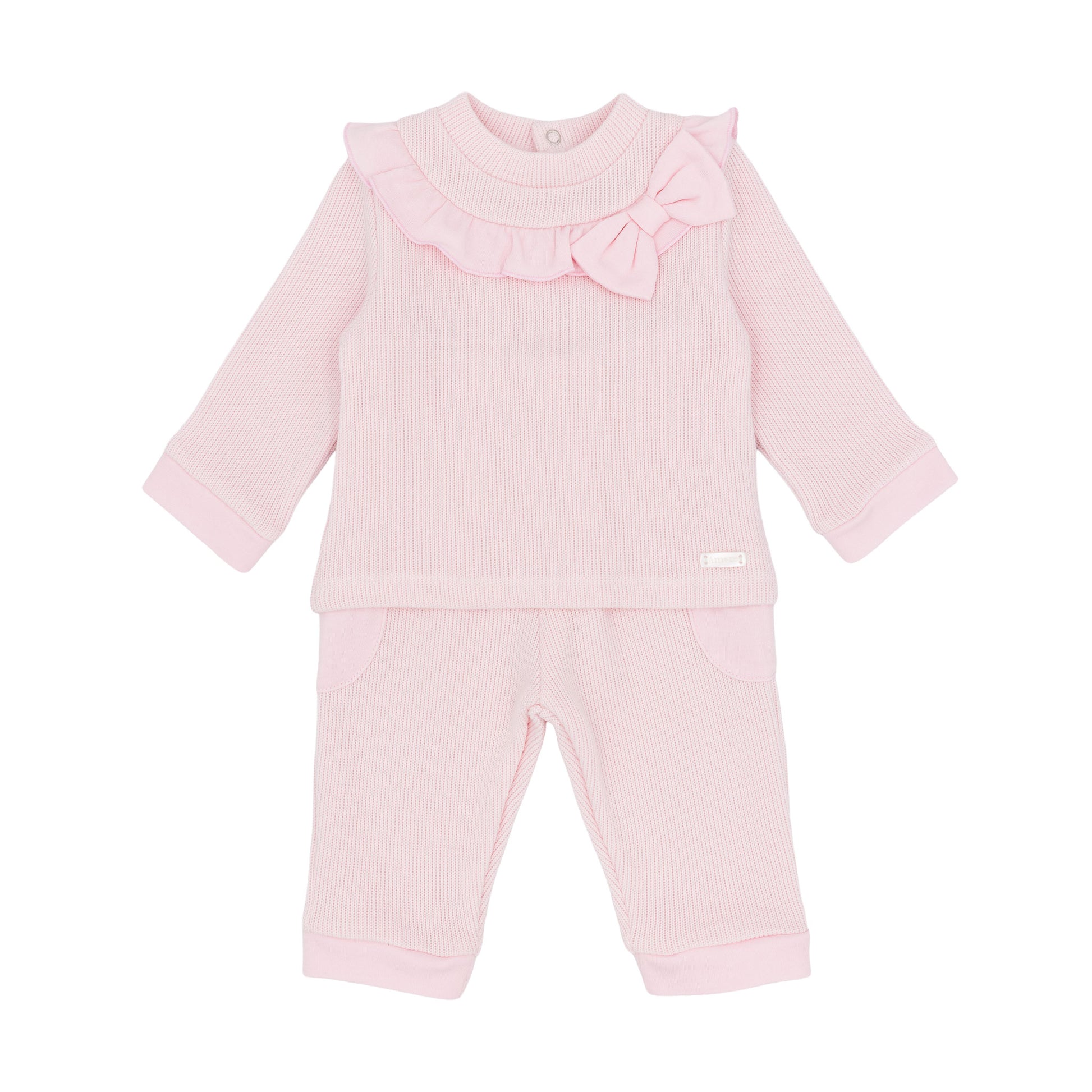 Amore baby girls pink knitted two-piece outfit with frilled neckline bow and matching trousers