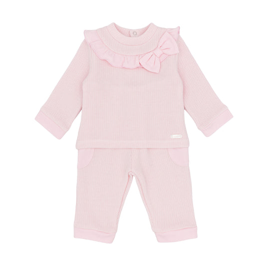Amore baby girls pink knitted two-piece outfit with frilled neckline bow and matching trousers