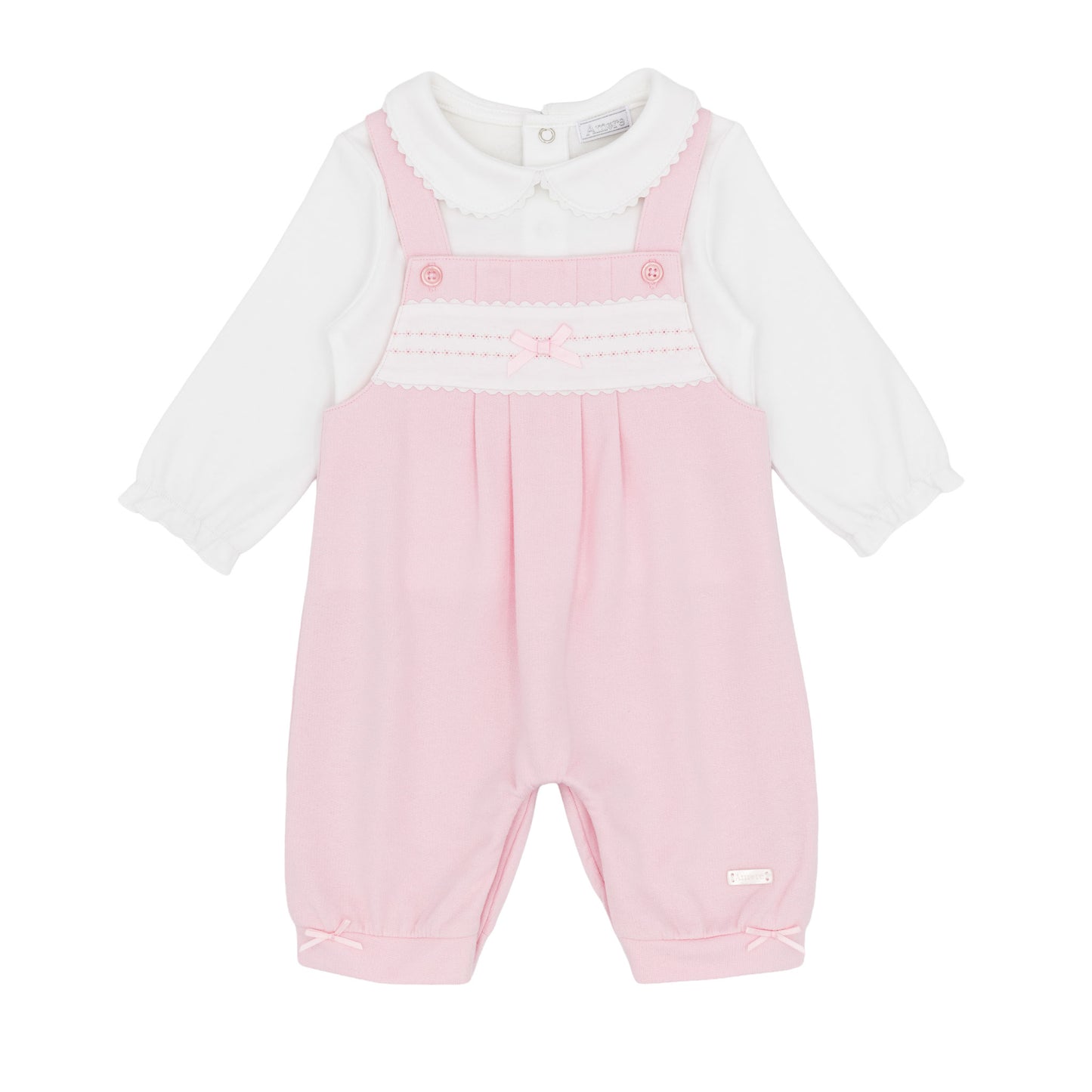 Amore baby girls pink dungarees outfit with white long-sleeved top and bow detailing