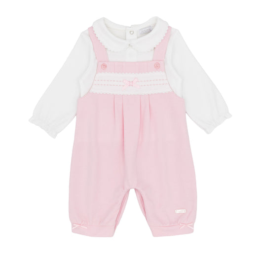 Amore baby girls pink dungarees outfit with white long-sleeved top and bow detailing